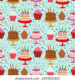 Cute birthday cakes seamless pattern  with chocolate cake, strawberry cake and cherry cake with cupcakes and conffetti on light blue background. For wrapping paper, greeting cards and fabric 