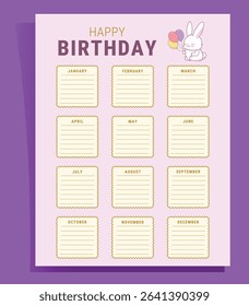 Cute Birthday Calendar 2026 with Bunny Illustration – Pastel Color Planner Template