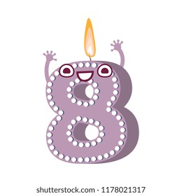 Cute birthday candle number eight 8 character with flame at his head dancing. Typographic humanized symbol with hands, arm and face emotions. Kids birthday holiday party font sign. Vector illustration
