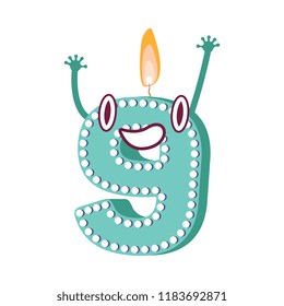 Cute birthday candle number nine 9 character with flame at his head dancing. Typographic humanized symbol with hands, arm and face emotions. Kids birthday holiday party font sign. Vector illustration