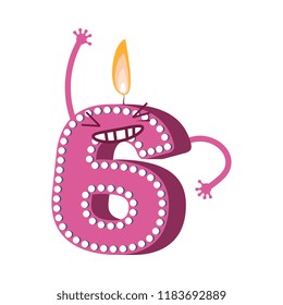 Cute birthday candle number six 6 character with flame at his head dancing. Typographic humanized symbol with hands, arm and face emotions. Kids birthday holiday party font sign. Vector illustration