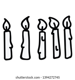 Cute birthday candles line art cartoon vector illustration motif set. Hand drawn for childrens party surprise. Flaming wick graphics. Decorative monochrome special occassion web buttons.