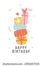 Cute Birthday card banner with colorful stacked of gift boxes minimal. Kawaii greeting card cartoon hand drawing flat design graphic illustration.
