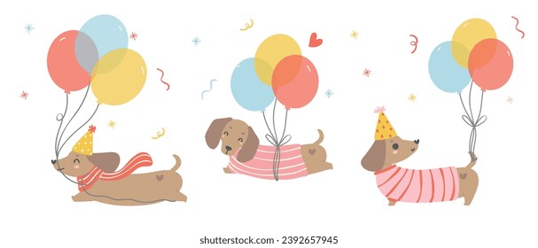 Cute Birthday card banner with Dachshund sausage Dogs. Kawaii greeting card cartoon hand drawing flat design graphic illustration.