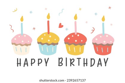 Cute Birthday card banner with vibrant colorful cupcake cake minimal. Kawaii greeting card cartoon hand drawing flat design graphic illustration.