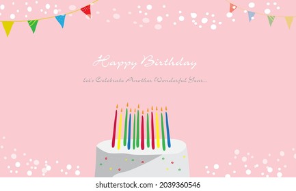 Cute birthday card with cake and candle icon element design for party invitation Light pink background, hand drawn, congratulations. vector illustration