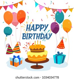 Cute Birthday Card With Cake, Candles, Gift Boxes and Balloons On White Background. Vector Illustration.