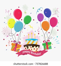 cute birthday card with cake,candles, gift boxes and balloons on white background. Vector illustration.