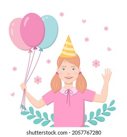 Cute birthday card, childrens concept. Pretty little girl with balloons and cap on her birthday, a greeting card. Cute vector illustration.