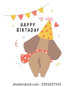 Cute Birthday card with Dachshund Dog Wearing Party Hat.  Kawaii greeting card cartoon hand drawing flat design graphic illustration.