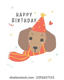 Cute Birthday card with Dachshund Dog Wearing Party Hat.  Kawaii greeting card cartoon hand drawing flat design graphic illustration.