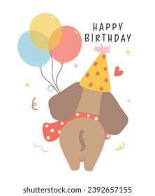 Cute Birthday card with Dachshund Dog Wearing Party Hat with balloons.  Kawaii greeting card cartoon hand drawing flat design graphic illustration.