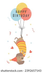 Cute Birthday card with Dachshund Dogs wear party hat, hanging from balloons. Kawaii greeting card cartoon hand drawing flat design graphic illustration.