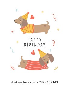 Tarjeta de cumpleaños con perros Dachshund usando sombrero de fiesta. Kawaii tarjeta de felicitación caricatura dibujo a mano diseño plano ilustración gráfica.