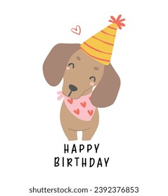 Tarjeta de cumpleaños con salchicha de Dachshund con sombrero de fiesta. Kawaii tarjeta de felicitación caricatura dibujo a mano diseño plano ilustración gráfica.