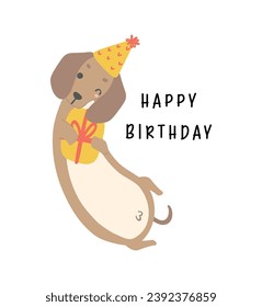 Carta de cumpleaños con la salchicha de Dachshund. Kawaii tarjeta de felicitación caricatura dibujo a mano diseño plano ilustración gráfica.