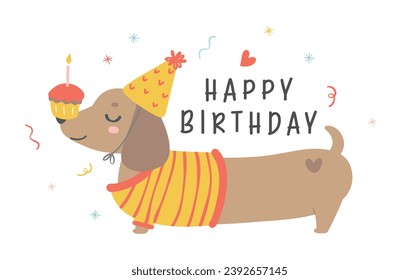 Tarjeta de cumpleaños con salchicha de Dachshund. Kawaii tarjeta de felicitación caricatura dibujo a mano diseño plano ilustración gráfica.