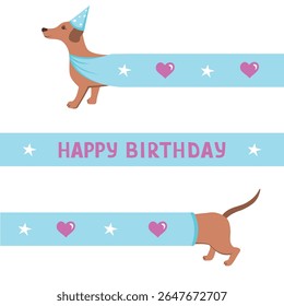 Cute Birthday card with dachshund. Vector Illustration for printing, backgrounds, covers and packaging. Image can be used for greeting cards, posters, stickers and textile. Isolated on white backgroun