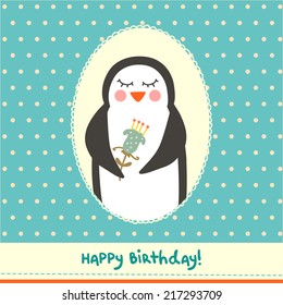 Cute birthday card design with funny little toy penguin with flower on polka dot background. Perfect for birthday cards. Vector illustration. 