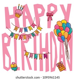 Cute birthday card with doodle birthday objects.