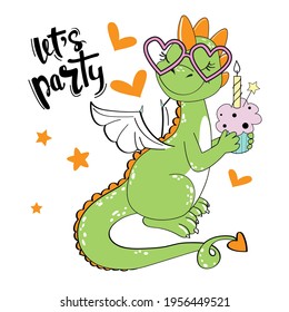 Cute birthday card with dragon and lettering let's party. Vector illustration isolated. Design for t-shirts