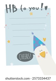 Cute birthday card featuring a cheerful bird wearing a party hat. Includes HB to you text, stars, and space for writing. Fun and lighthearted theme. Vector illustration.