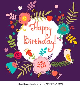 Cute birthday card with flowers on violet background. Bright illustration can be used as invitation or birthday card. Beautiful summer background. 