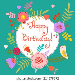 Cute Birthday Card Flowers On Blue Stock Vector (Royalty Free ...