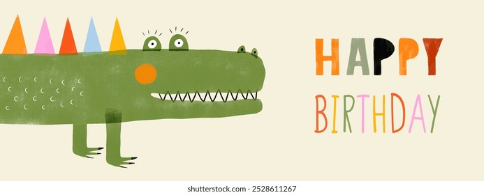 Cute Birthday Card with Funny Alligator. Happy Green Crocodile and Handwritten "Happy Birthday" Wishes on a Beige Background. Nursery Art with Friendly Alligator. Cool Crocodile. RGB.