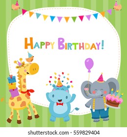 Cute Birthday Card With Giraffe, Hippo, Elephant and Bird