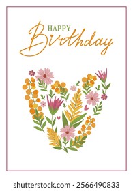 Cute Birthday Card. Heart Shaped Floral Arrangement. Bright Abstract Floral Design Template for Advertising Promo, Banner, Poster, Flyer, Label or Cover