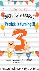 Cute birthday card invitation with bunny and bear for child birthday. Vector template.