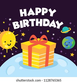 Cute birthday card and invitation for children with space,astronaut, and planet theme.