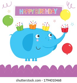 Cute birthday card of nice elephant with balloons and cake. svg