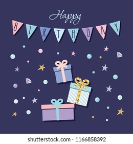 Cute birthday card with present boxes, garland and confetti.