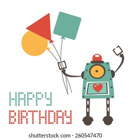 Cute birthday card with robot holding balloons. Vcetor illustration