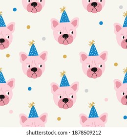 Cute Birthday cards - dog birthday party. Bulldog party seamless pattern
