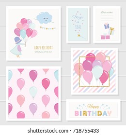 Cute birthday cards for girls with glitter elements. Included seamless pattern with colorful balloons. Watercolor.