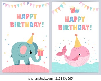 Cute birthday cards for kids with funny animals. vector illustration