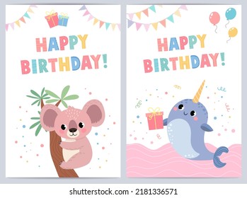 Cute birthday cards for kids with funny animals. vector illustration