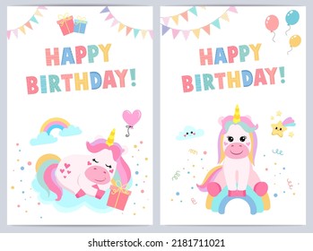 Cute birthday cards for kids with funny unicorn. vector illustration