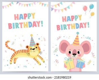 Cute birthday cards for kids with funny animals. vector illustration