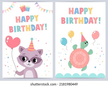 Cute birthday cards for kids with funny animals. vector illustration