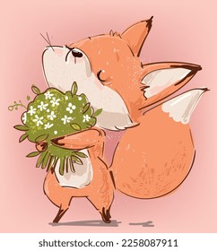 Cute Birthday cartoon fox with floral wreath