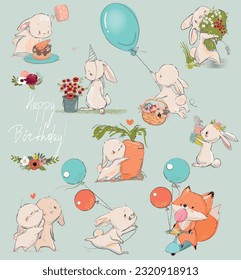 Cute Birthday cartoon hares set with elements