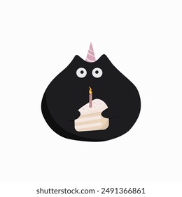 Cute birthday cat cartoon character with peace of cake and candle in party hat festive clip art vector illustration.