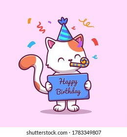 Cute Birthday Cat With Confetti Cartoon Vector Icon Illustration. Animal Birthday Icon Concept Isolated Premium Vector. Flat Cartoon Style 