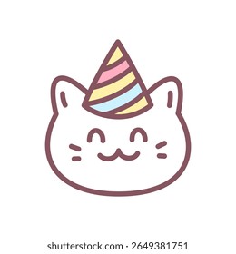 Cute birthday cat icon. Hand drawn illustration of a funny smiling cat in a party hat isolated on a white background. Kawaii sticker. Vector 10 EPS.