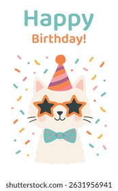 Cute birthday cat illustration with star sunglasses and party hat for birthday card design isolated on white background.