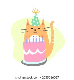 Cute Birthday Cat Vector Design Template. Hand Drawn Cat with Birthday Cake and Candles. This design can be used in Birthday Card, T shirt design and children's illustration book.